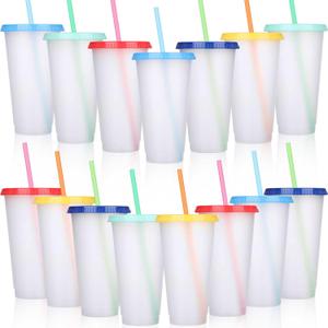 Honeydak 15 Pack Tumbler with Straw and Lid Bulk Cups for Gifts Water Bottle Iced Coffee Travel Mug Cup Reusable Plastic Tumblers for Party Birthdays 24-27 oz (Stylish Color)