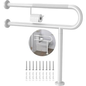 Toilet Grab Bar with Leg 31.5x28 Inch, ZUEXT White Knurled Toilet Support Bar with Toilet Paper Holder,Stainless Steel Wall & Floor Mounted Bathroom Support Rail for Seniors Elderly Disabled Pregnant