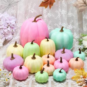 16 Pcs Thanksgiving Fake Pumpkins Fall Decor Colorful Foam Artificial Pumpkin Fall Party Decorations Harvest Assorted Size Faux Foam Decor for Thanksgiving Autumn Halloween Party(Pastel Color)