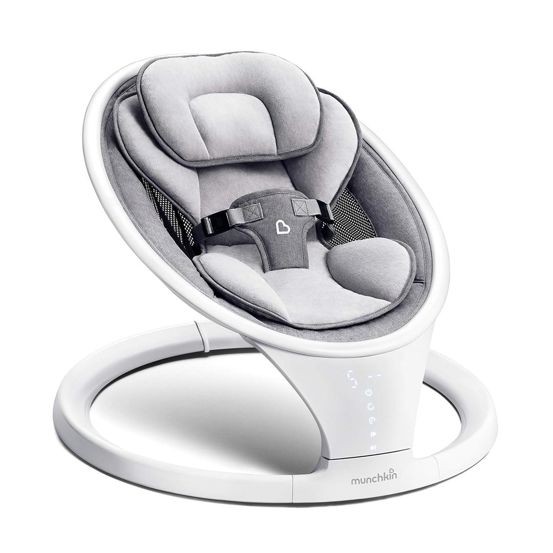 Munchkin Electric Baby Swing, Portable and Lightweight, Bluetooth Enabled Infant Rocker with Natural Sway in 5 Ranges of Motion, Newborn Nursery Essentials, White/Grey
