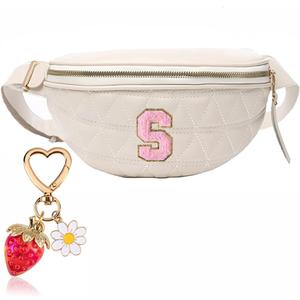 Initial Fanny Pack for Women Fashion Beige Leather Belt Bag Crossbody Waist Purse Cross Body Bumbag with Cute Strawberry Keychain Charm Gift(Beige Belt Bag for S)