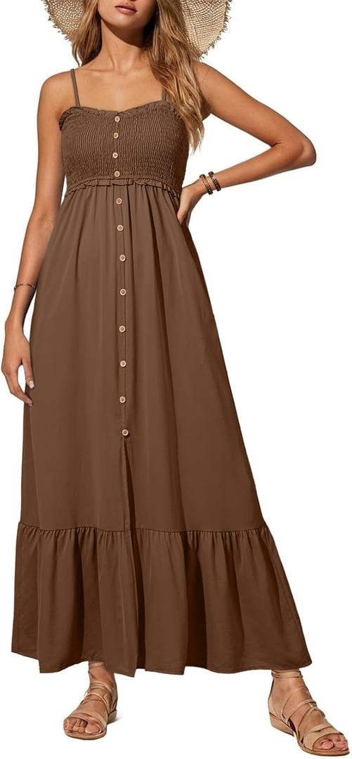 Dokotoo Womens Summer Dresses 2026 Sleeveless Spaghetti Strap Button Down Smocked Beach Vacation Long Maxi Dress with Pockets (Small, Brown)