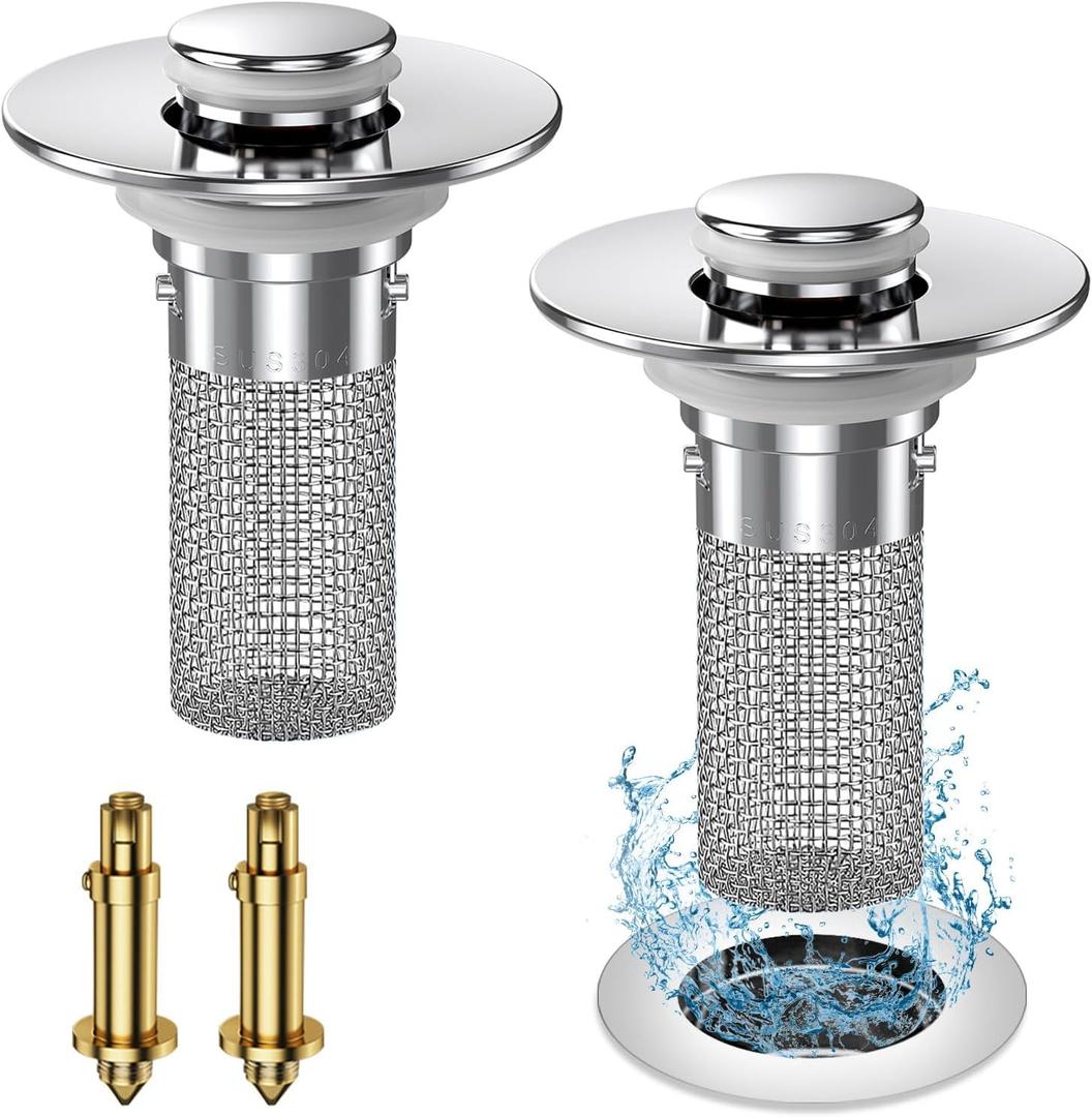 2024 New Pop Up Bathroom Sink Drain Strainer Hair Catcher, Sink Drain Stopper with Removable Stainless Steel Filter Basket,for US Bathroom Sink Stopper Replacement (2PCS)