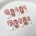 Handmade Press on Nails Medium Square Fake Nails White French Tip Nails Press Ons with 3D Swirl Design Reusable False Nails Luxury Full Cover Stick on Nail for Women Manicure 10Pcs (Size M)