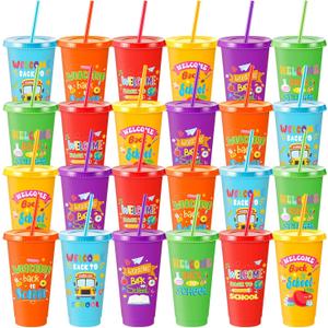 Chuangdi 24 Pcs Welcome Back to School Gift Bulk First Day of School Gift Party Favors 24 oz Plastic Cups with Lid and Straw for Students Kids Teacher Classroom Party Supply