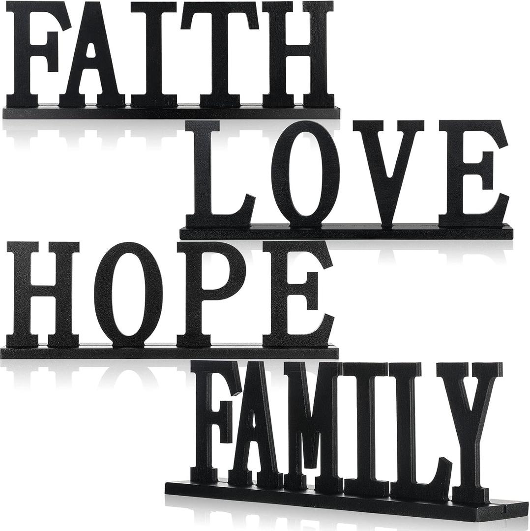 Jetec 4 Pieces Love Faith Hope Family Wood Word Sign Black Wooden Cutout Letter Table Decor Rustic Letter Tabletop Decoration Freestanding Wood Sign for Home Room Modern Fireplace Table Centerpiece