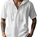 Men's Cotton Linen Shirts Short Sleeve Casual Button Down Hoodies Summer Hawaiian Beach Top with Drawstring (White, XL)