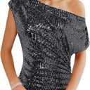 GRACE KARIN One Shoulder Sequin Sparkly Tops for Women Ruched Asymmetrical Glitter Tops Slimming Sparkle Party Shirts (XX-Large, Silver Black)