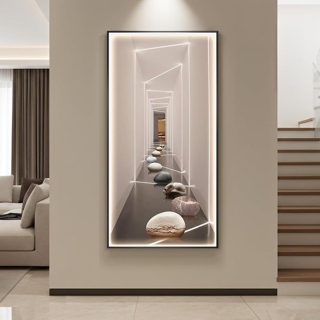Large Framed LED Modern Wall Art for Living Room, Vertical Minimalist Geometric Lighted Shadow Prints Artwork for Walls, Luxury Aesthetic Backlit Wall Decor for Hallway, Entryway, Home Office, 30x60, 55.1"L x 27.6"W