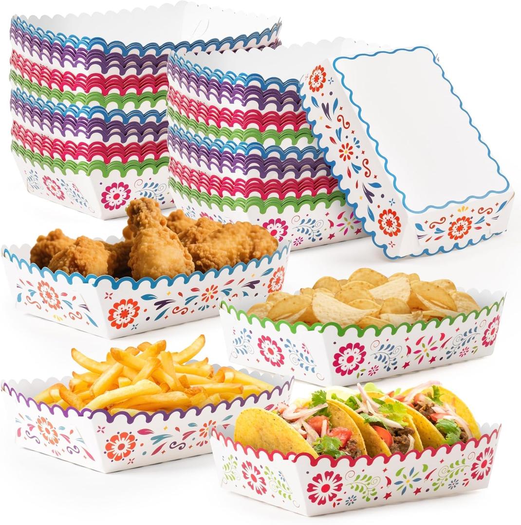 Mexican Taco Nights Food Trays - 60Pcs Mexican Flowers Wavy Edge Unassembled Tray Nacho Snack Candy Holder Disposable Paper Plate Holiday Birthday Carnival Party Supplies Food Container
