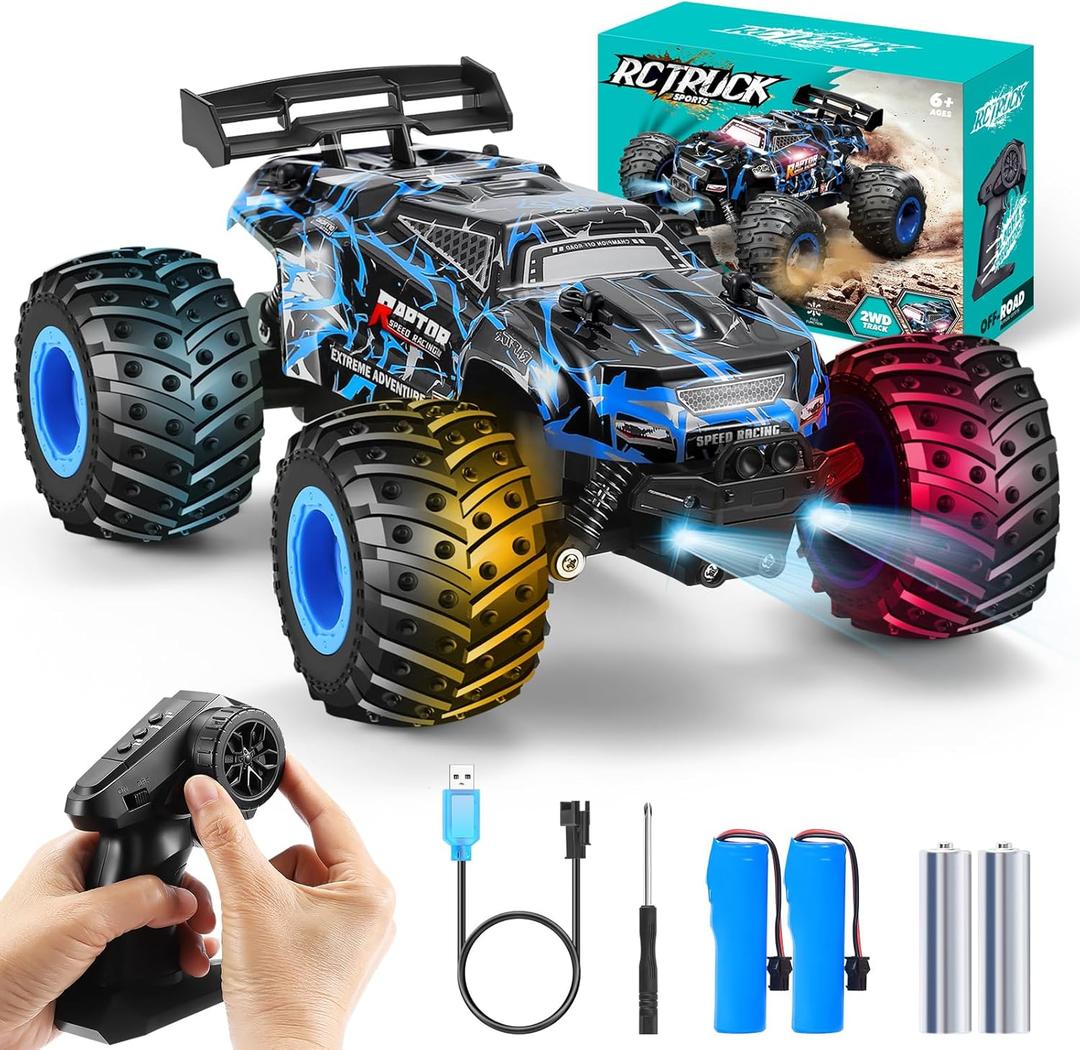 Remote Control Car, 1:18 Rc Cars, All-Terrain RC Truck with LED Light, 20KM/H, Rechargeable, 2WD, 2.4GHz, Sturdy PVC Shell, Remote Control Truck for Boys 4-7 8-12, Beginner (Blue)