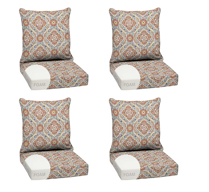 Arden Outdoor Foam Deep Seat Cushion Set (4-Pack), 24x24, Premium High-Density Foam, Never Flattens, Weather-Proof for Patio Chair Sofa Couch, Global Vintage Medallion