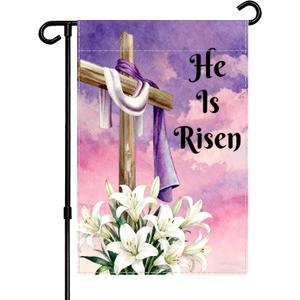 Easter Cross Garden Flag, He is Risen Religious Decorative Flag with Purple Sky Design, Spring Holiday Outdoor Decor 12 x 18 Inch