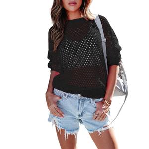 Women's Crochet Crewneck Lightweight Hollow Out Long Sleeve Sexy Knit Sweater (Black), S