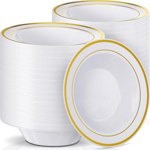 Jinei 150 Pieces 6 oz Plastic Bowls with Rim Small Disposable Soup Bowls for Dessert Salad Soup Candy Wedding Thanksgiving Catering Holidays Party Supplies (White,Gold Rim), about 5.43 inches in diameter
