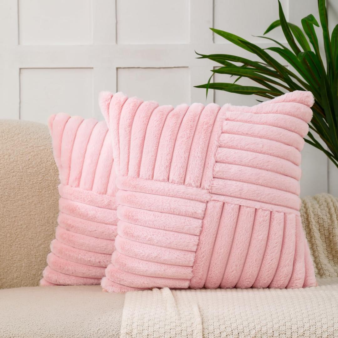 All Smiles Valentine's Day Couch Decorative Throw Pillow Covers 18x18 Set of 2 Faux Fur Plush Soft Fluffy Velvet Cushion Case Cozy Fuzzy Striped Pillowcase Home Decor for Bed Sofa Living Room,Pink