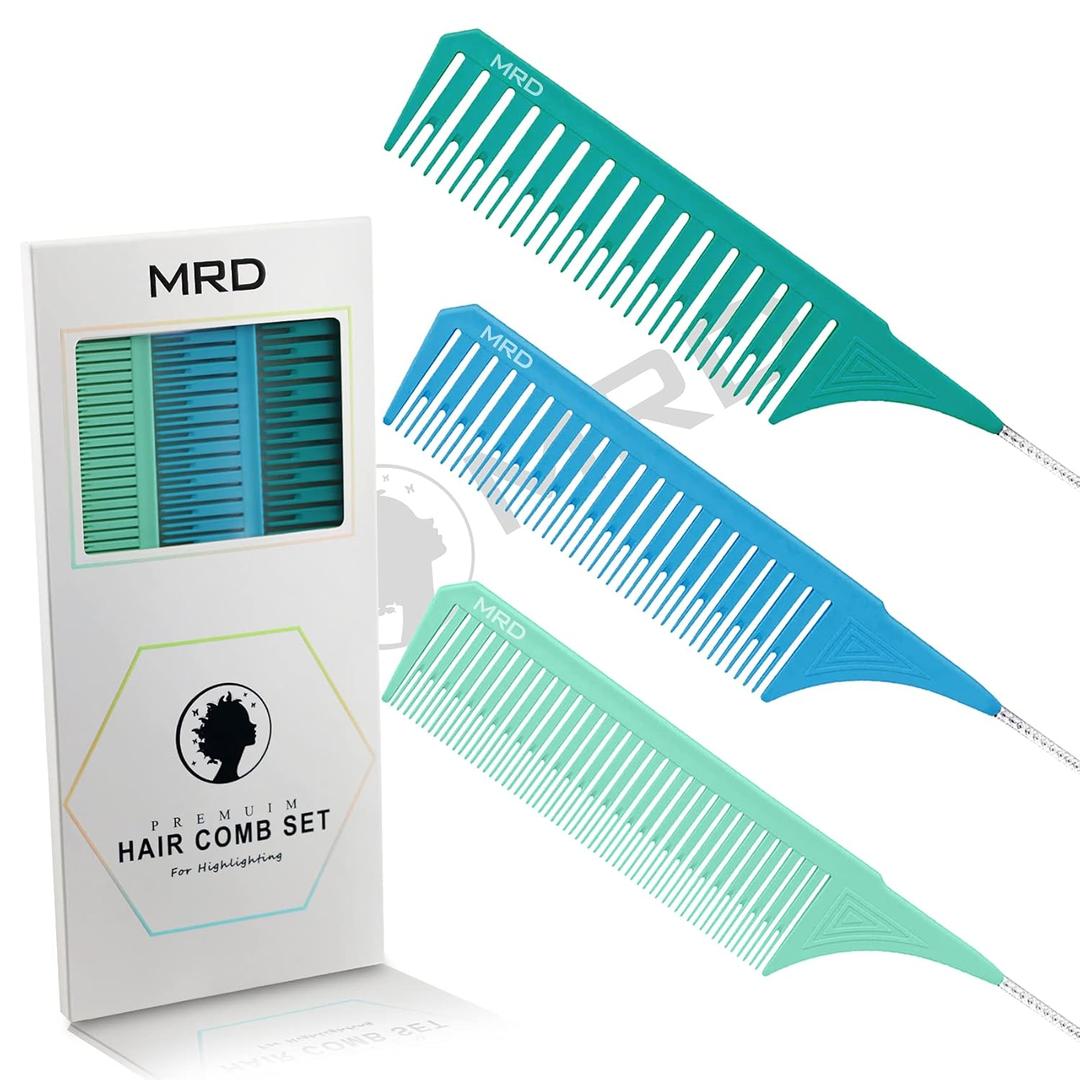 3 Sizes Premium Highlighting Comb Set Professional Weaving Styling With Rat Tail Comb Nylon Teasing Heat Resistant For Hair Salon Barbershop Home(Blue/Green) (Green Set)