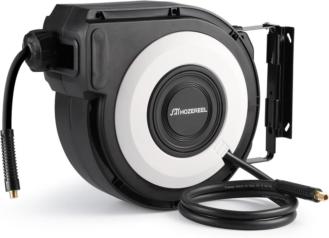 Enclosed Retractable Air Hose Reel, 3/8 Inch x 50+5 Ft Hybrid Hose Air Compressor Hose Reel in Max 300 PSI Design, 180Swivel Bracket Quick Coupler