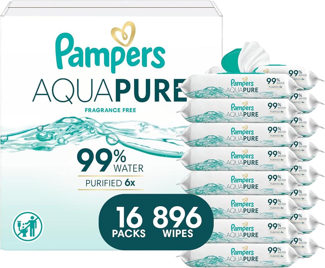 Pampers Aqua Pure Baby Wipes, 99% Water, Fragrance Free, 896 Baby Wipes Total (16X Flip-Top Packs) 