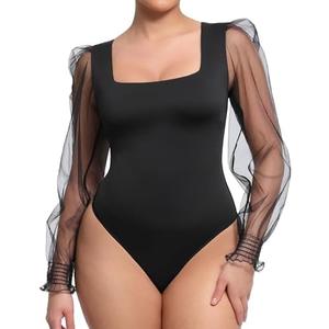 FeelinGirl Long Sleeve Bodysuit Square Neck Shapewear Body Suits Tummy Control Mesh Long Sleeve Bodysuit Going Out Tops L