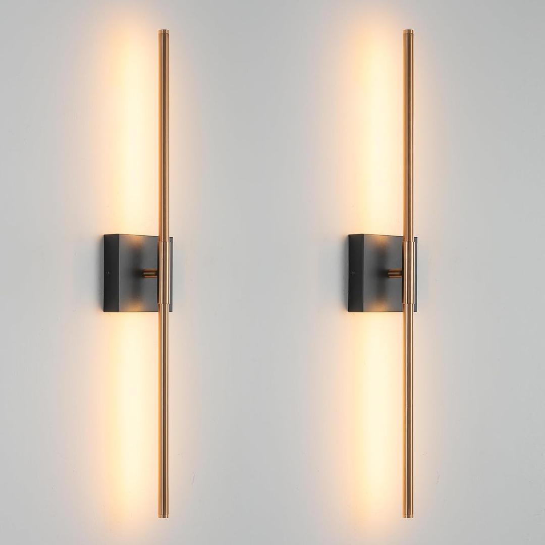 KUZZULL Modern Light Fixture Set of Two 27.8x4.3x3.4in Black and Brass Gold Sconces 1200Lm LED Wall Lights for Bathroom, Living Room, Corridor