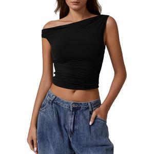 QINSEN Woman's One Shoulder T Shirt Double Lined Sleeveless Tee Slimming Fit Crop Top Black S