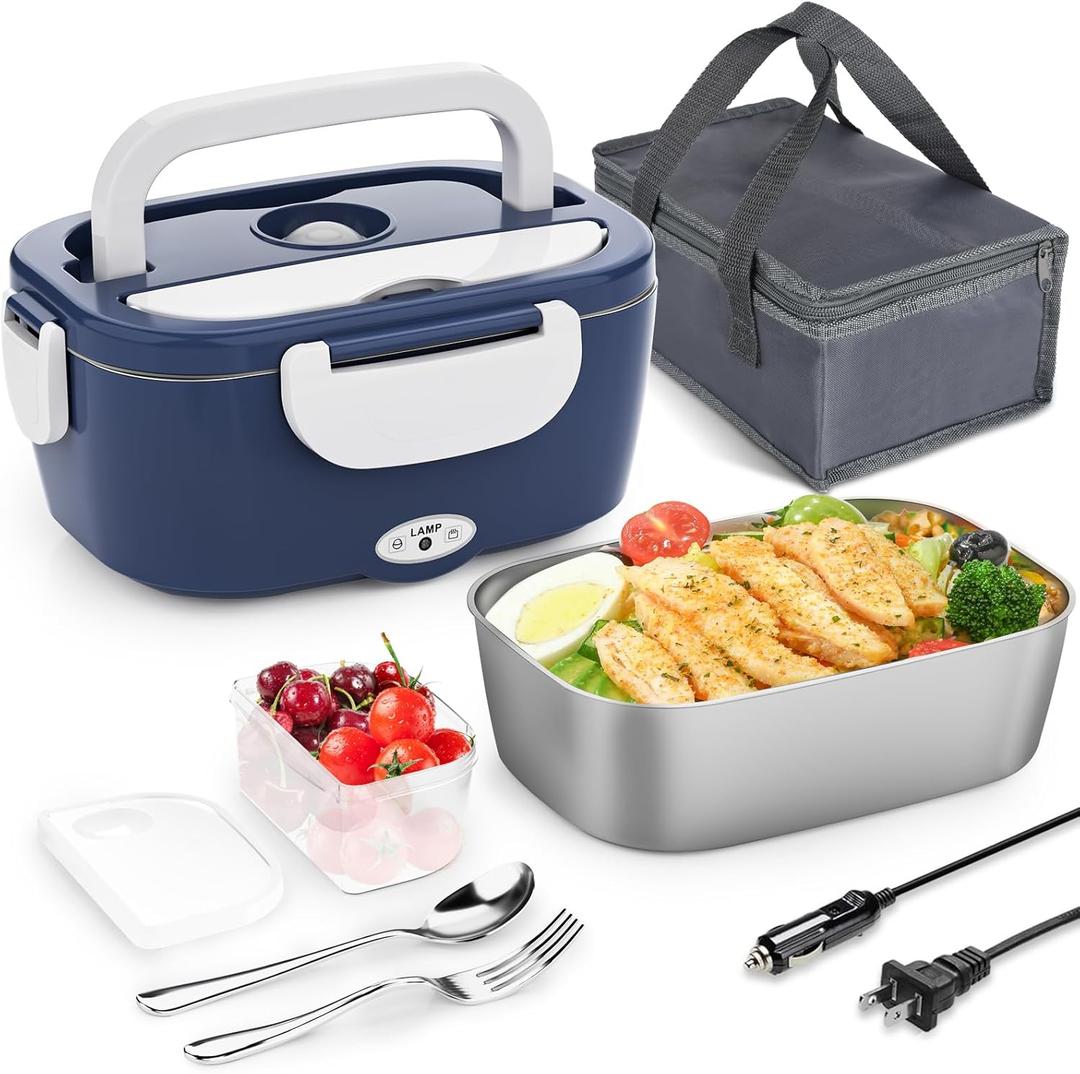 Carsolt Electric Lunch Box Food Heater - 3 in 1 Portable Leakproof Heated Lunch Box for Car/Home/Adults with 1.5L Removable 304 Stainless Steel Container, Max 80W, 12V/24V/110V (DarkBlue)