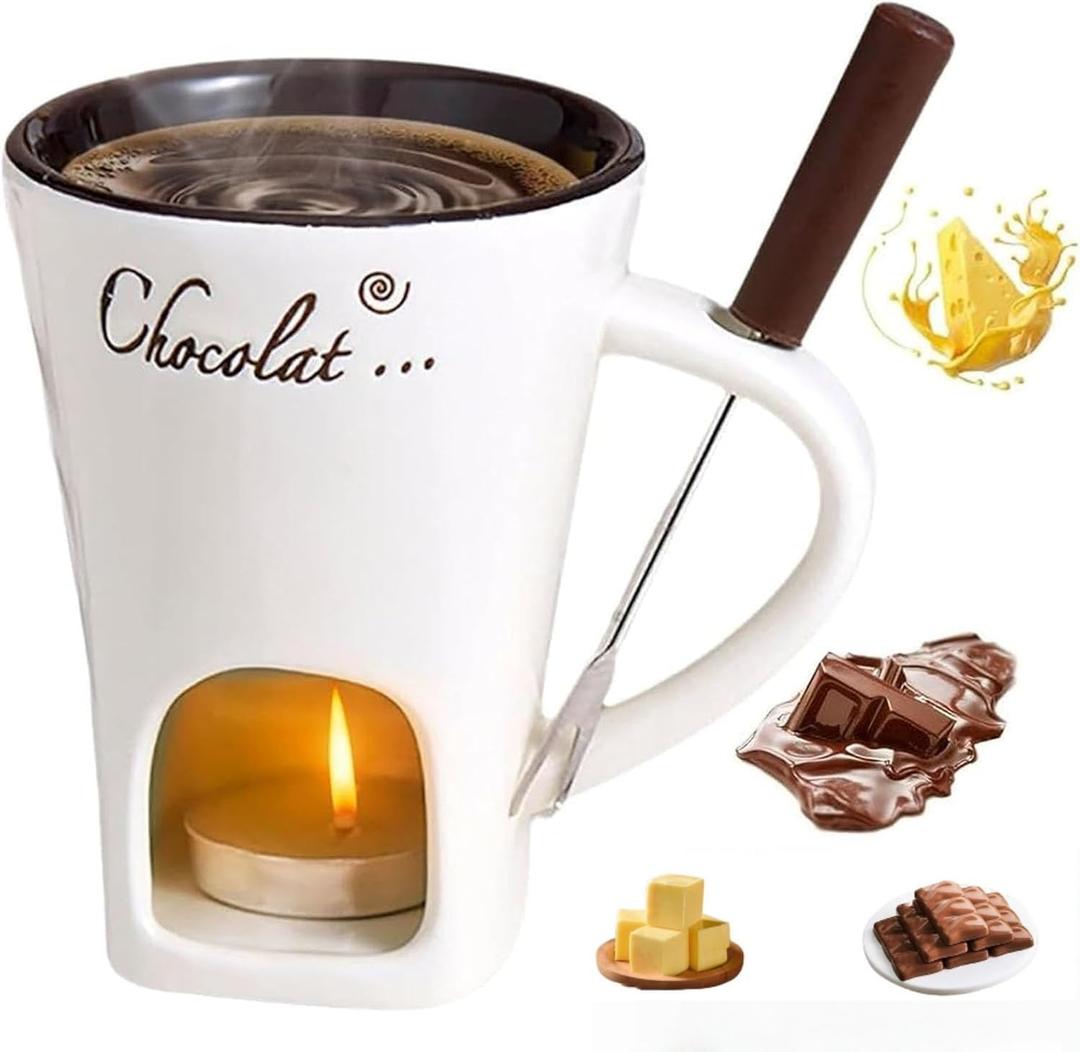 Chocolate Fondue Mug  Ceramic Melting Mug with Forks, Individual Fondue Cups for Chocolate, Cheese, Butter  Perfect Romantic Gift for Couples, Birthday or Valentines Day (1PCS-White)