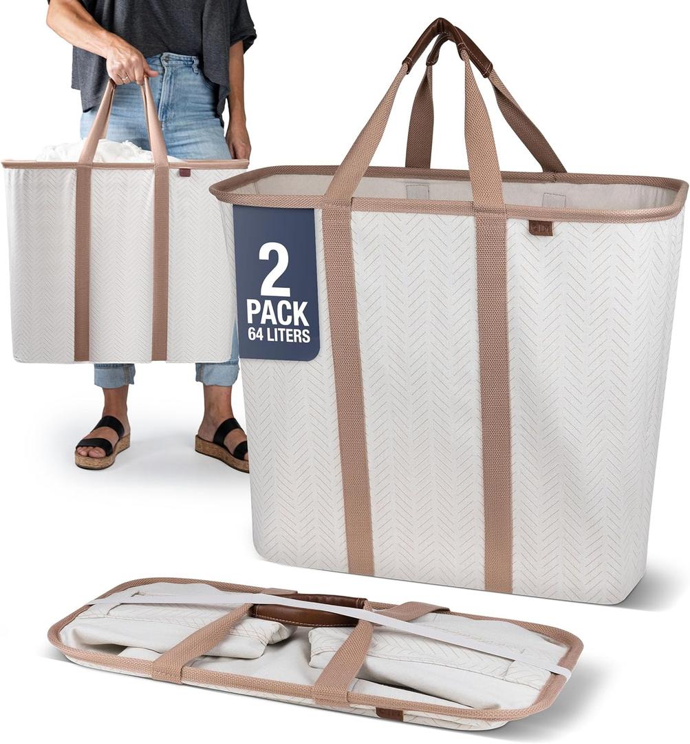 CleverMade Collapsible Laundry Caddy Foldable Laundry Hamper & Tote, XXL 64L Pop-Up Laundry Basket with Handles, Space-Saving Laundry Organizer for Home & Travel, 2 Pack - LUXE Cream Herringbone