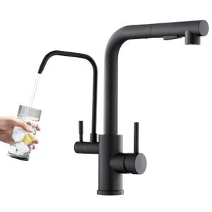 ROVOGO Kitchen Faucet with Filtered Drinking Water Spout and Pull Out Sprayer, Dual Handle Single Hole 3-in-1 Faucet Stainless Steel, Black, Without Water Filtration Device
