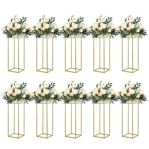 YALLOVE 10 Pack 23.75 Inch Gold Wedding Flower Stand Metal Vase Column Stand Geometric Centerpiece Vase for Home Party Wedding Decorations, Rectangular Flower Display Rack