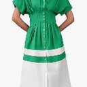 Wenrine Womens Summer Button Down Shirt Dress Casual Color Block V Neck Short Sleeve Corset Maxi Dresses Size L