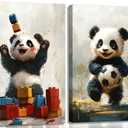 2Pcs Cute Panda Canvas Wall Art Nursery Baby Bear football Wall Decor Pictures Watercolor Animal Sports Painting Kids Room Posters Print for living Children Baby Bedroom Classroom Decoration