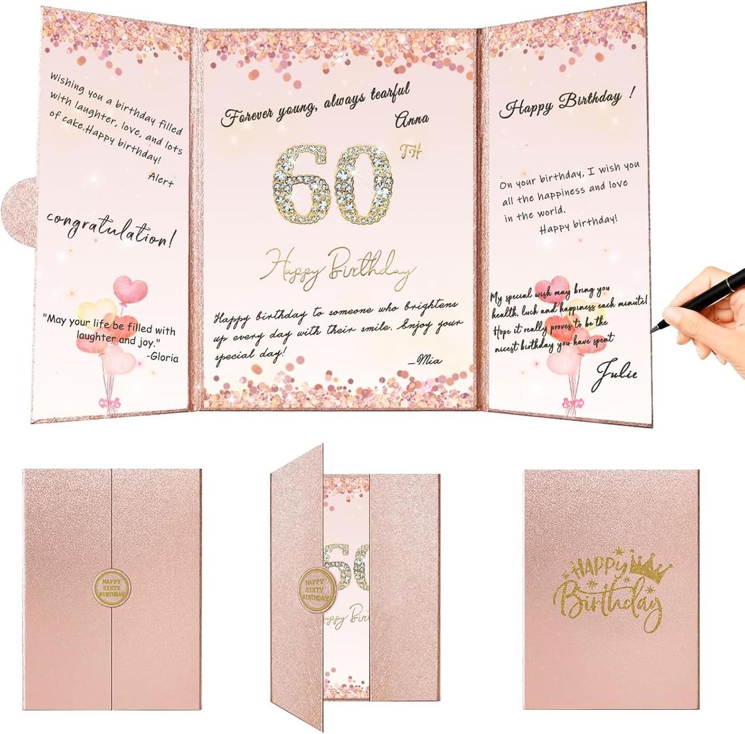 60th Birthday Decorations for Women & Men, Rose Gold 60th Happy Birthday Alternative Signature Guest Book for Her, Cheers to 60 Years Old Birthday Gifts, 60th Birthday Party Decorations Supplies