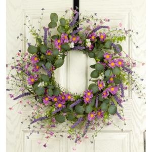 26" Spring Summer Wreaths for Front Door, Artificial Green Eucalyptus Lavender Purple Daisies Wildflower Berries Handmade Floral Year Round Indoor Outdoor Porch Home Decor