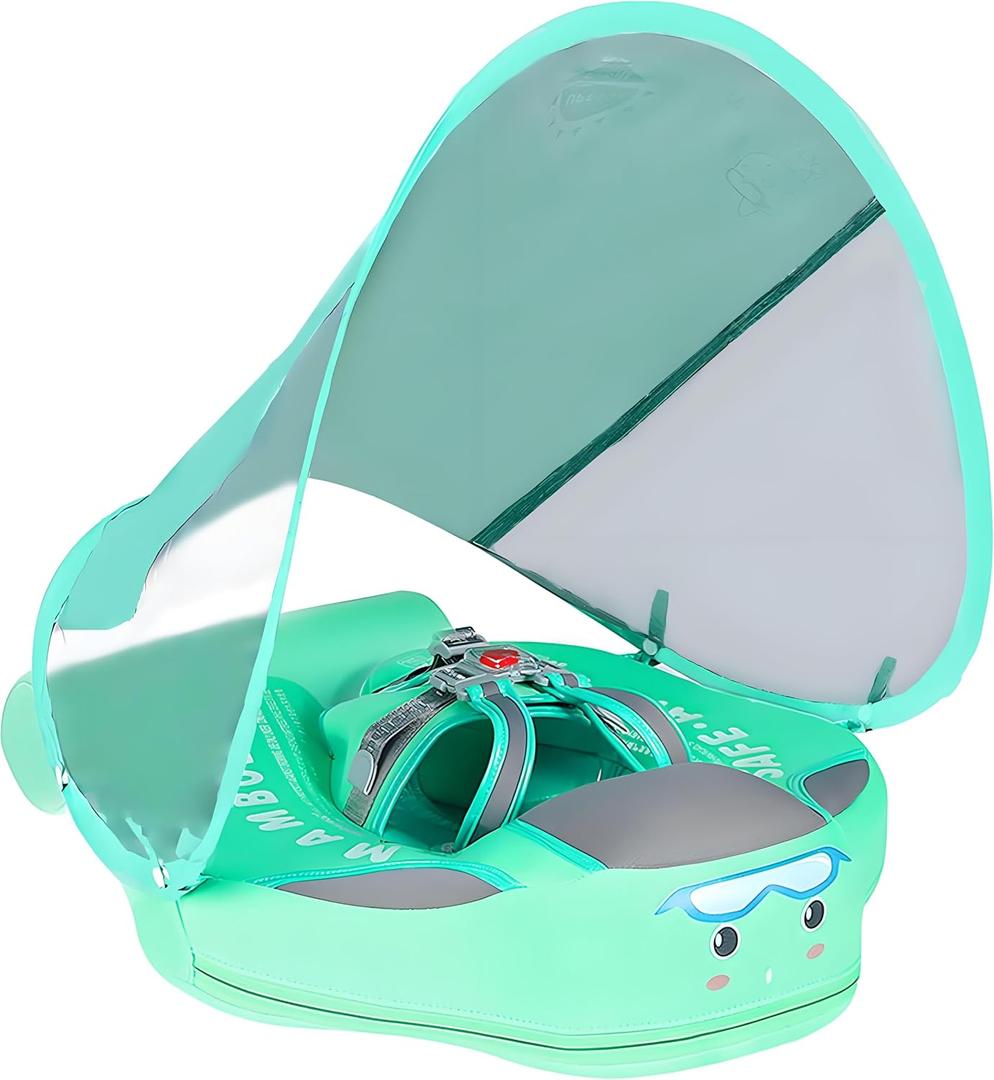 Mambobaby Float Add Tail No Flip Over Non-Inflatable Baby Swim Float Pearl Foam Solid Water Floats Smart Swim Trainer Infant Pool Float Swim Ring with Sun Canopy