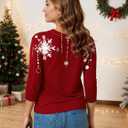 Christmas Shirts for Women Ladies Casual Round Neck Xmas Print Tops Loose Fit 3/4 Length Sleeve Large Deep Red (Red, L)