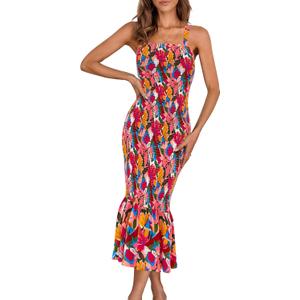 PRETTYGARDEN Women's Summer Floral Midi Tank Dress Sleeveless Strappy Ruffle Hem Smocked Bodycon Dresses (XL)