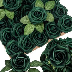25pcs Emerald Green Artificial Flowers Foam Fake Dark Hunt Green Rose with Stems 8 Leaves Real Looking Faux Roses for Wedding Bouquets Bridal Shower Centerpieces Arrangements Party Tables Decorations