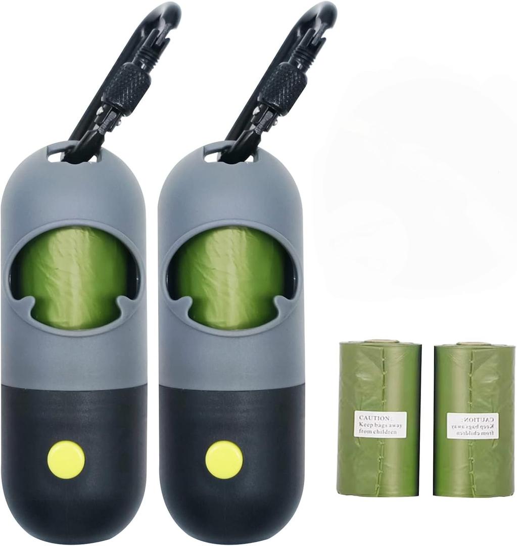 2 Pack Poop Bag Holder with Rechargable Flashlight Dog Poop Bags Dispenser for Leash with Green Scented Dog Waste Bags and USB Cable(Black,2 Dispenser 60 Bags)
