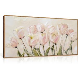 CHDITB Tulip Floral Framed Canvas Wall Art, 20"X40" Watercolor Flower Pink Tulip Textured Oil Painting, Modern Wildflower Wall Decor, Large Pink Floral Artwork for Living Room, Bedroom, Office