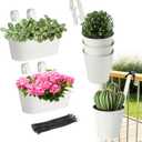 MADHOLLY 6Pcs Railing Planter with Drainage - 10.8" & 5.1" Bucket Pots for Balcony Railing, Metal Iron Hanging Flower Pots for Herb Planter Outdoor Deck & Rail Decor with Hook, White