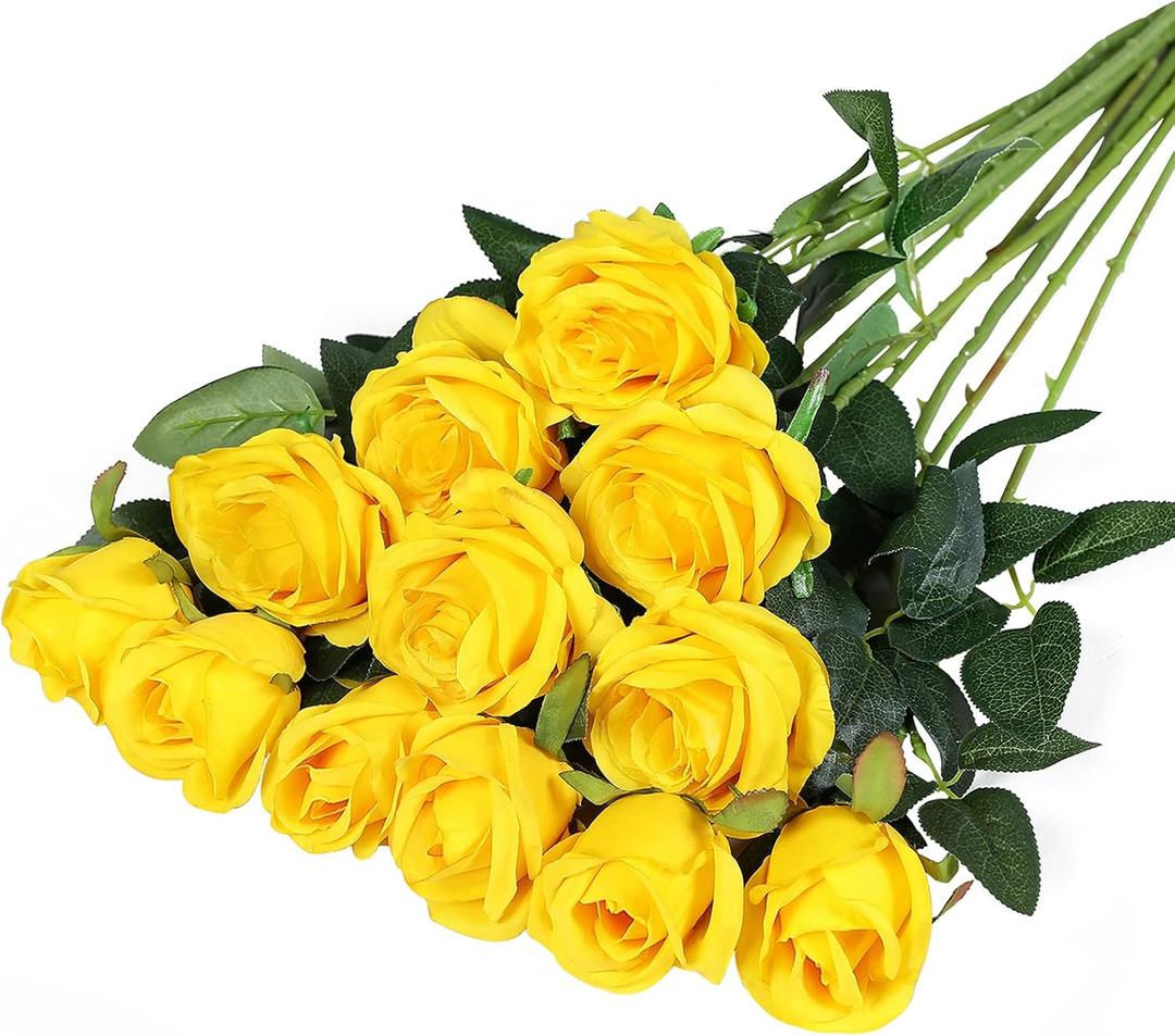 Hawesome 12PCS Artificial Silk Flowers Realistic Roses Bouquet Long Stem for Home Wedding Decoration Party (Yellow 1) (6 Flowers 6 Buds)