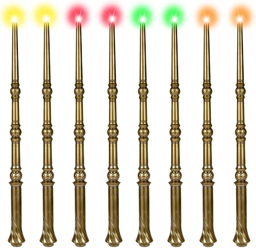 Light Up Magic Wizard Wand with 4 Color Lights & Sound - Set of 8 Illuminating Witch Sorcerer Toys for Kids Cosplay Party, Golden