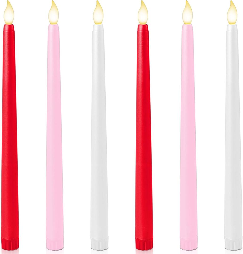 Baquler 6 Pcs 11'' Valentines Day Flameless Taper Candle LED Pink Red White Battery Operated Candlestick Plastic Flickering Gift for Romantic Night Anniversary Proposal Wedding Table Centerpiece Decor