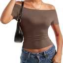 SUUKSESS Women Off The Shoulder Short Sleeve Tops Trendy Cowl Neck Going Out Basic T Shirt (Brown, S)
