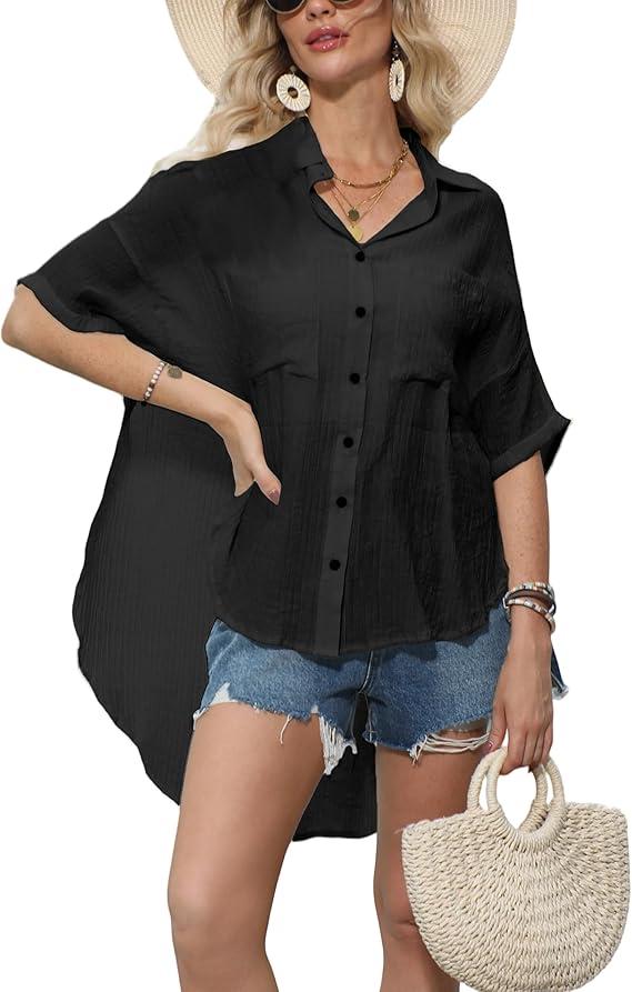 Kumufenc Womens Swimsuit Cover Up Summer Bathing Suit Coverup Gauze Button Down Short Sleeve Shirts(Black,XL)