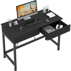 CAIYUN Small Computer Desk with Drawers, 39.4 Inch Home Office Desks with Storage, Simple Modern Kids Desk, Vanity Desk for Bedroom, Work Study Writing Desk Table for Small Spaces (Black, Wooden)