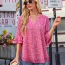 Womens Work Office Tops 3 4 Half Sleeve Dressy Casual Blouses for Women Business Casual Ruffle Sleeve Party Evening Dress Up Chiffon Floral Printed Going Out Modest Clothes Pink Floral Large (Pink, L)