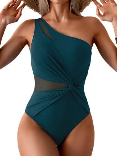 Aidonger One Shoulder One Piece Swimsuit for Women Mesh Tummy Control Bathing Suit Twist Swimwear, S